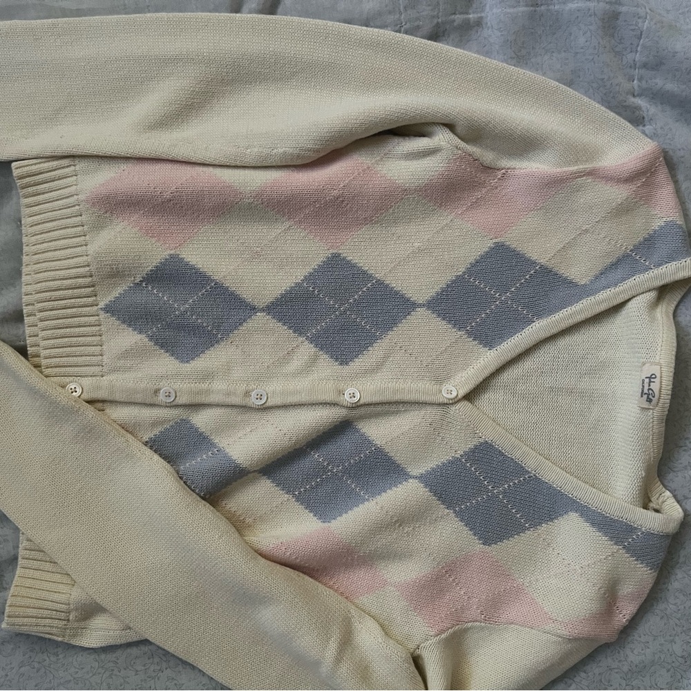 Pastel Argyle Knit Cardigan in Cream with Pink & Light Blue